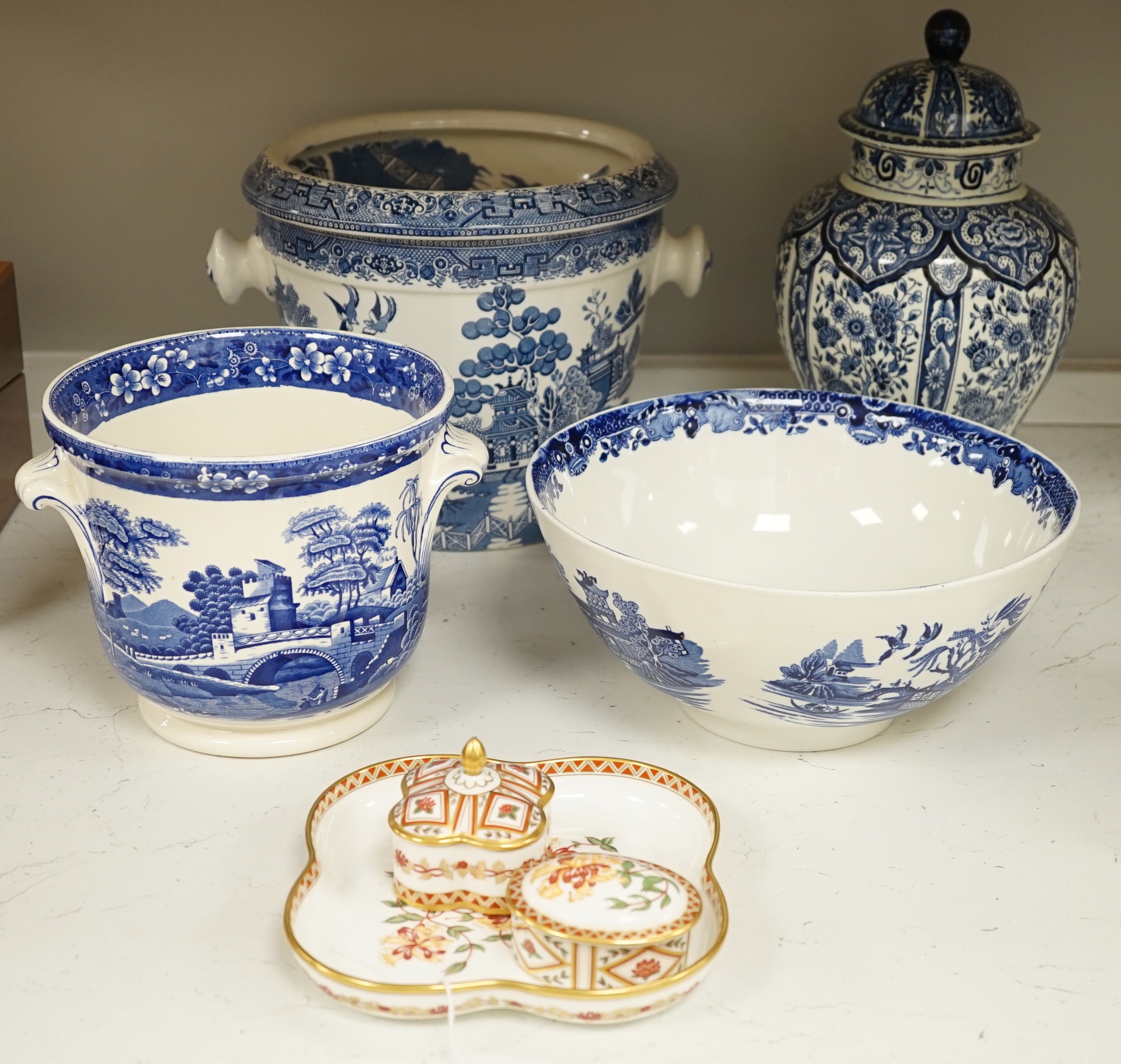 A Royal Crown Derby trinket set, Honeysuckle pattern and a few blue-printed earthenware items including Spode, Maling ware, etc.